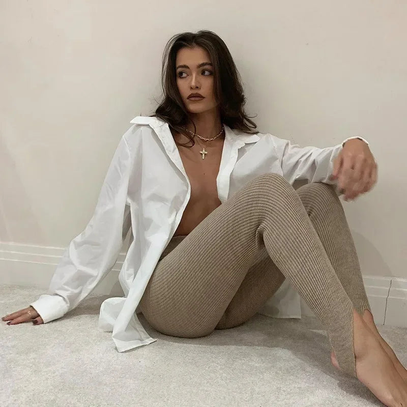 Beige Ribbed Knit Leggings Women High Waist Cotton Fitness Basic Pants/Casual Spring New All-Match Female Skinny Leggings