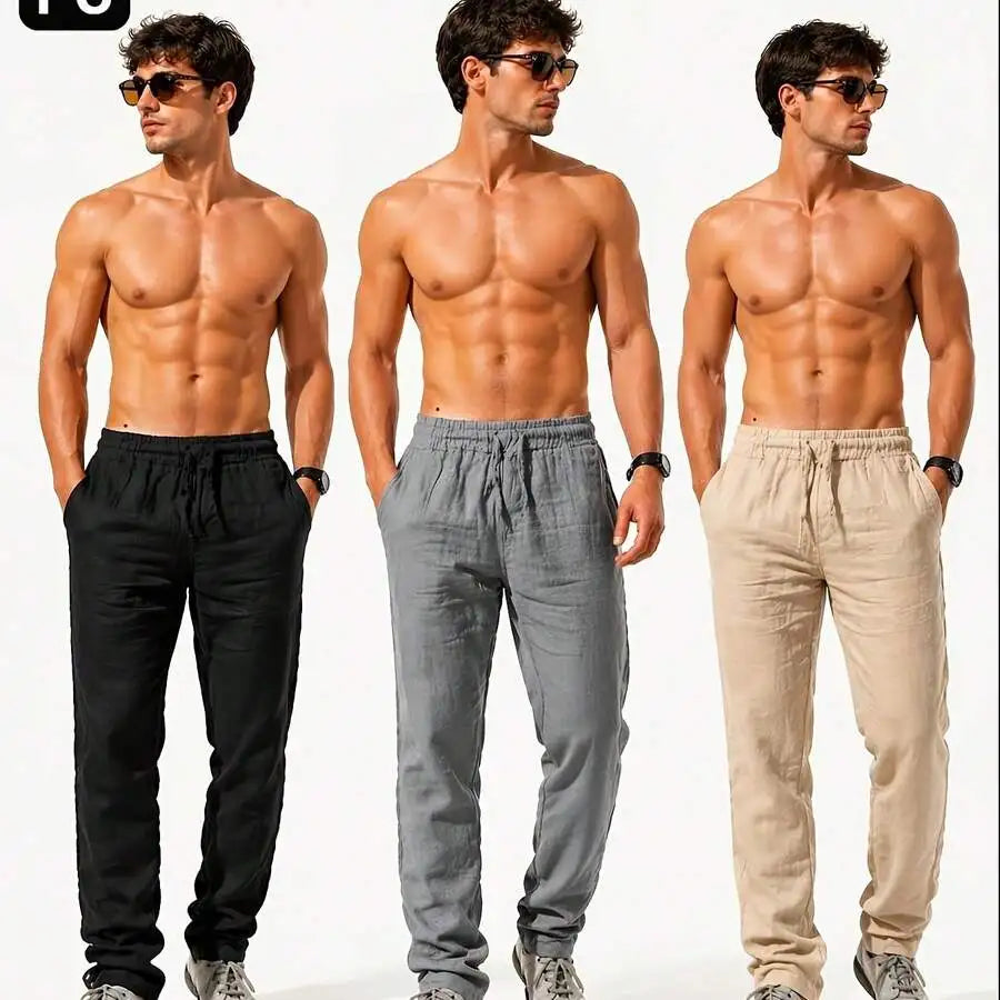 3pcs Men's Casual Summer Pants, Lightweight Breathable/Drawstring Trousers Loose Fit Solid Color Pants For Daily Wear