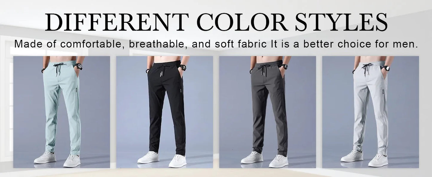 Men Fast Dry Stretch Pants Ice Silk Trousers Solid Color Mid-Waist/Loose Breathable Straight-Leg Casual Pants Thin Sports Pants