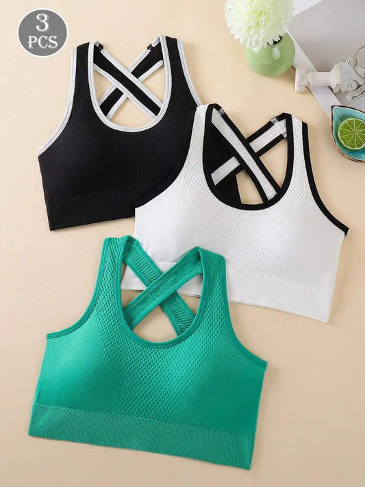 3pcs Criss-Cross Strap Sports Bra For Women Yoga Gym/Running Racerback Crop Top Can Be Worn Outerwear