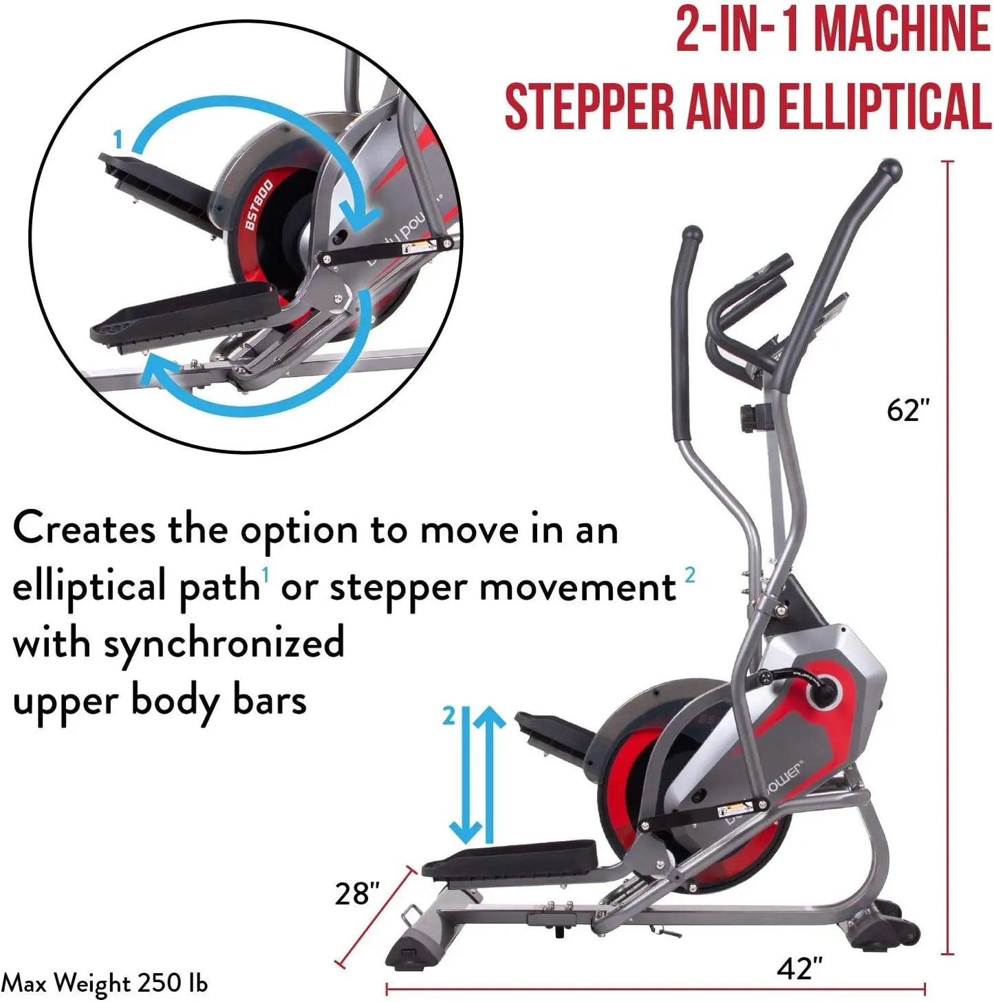 Body Power 2 in 1 Elliptical Stepper Machine for Home Fitness/PATENTED HIIT Training, Ergonomic Fitness Yoga Equipment