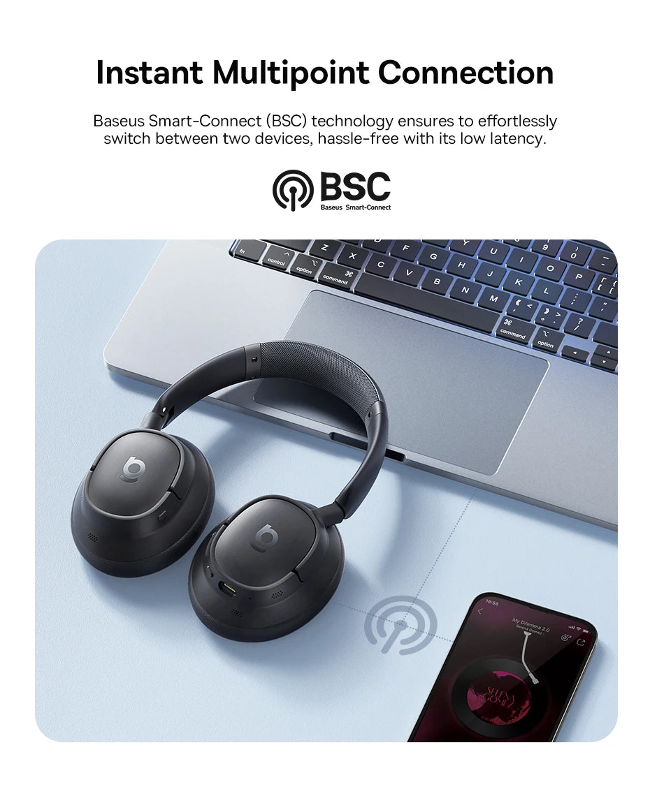 Baseus Bass Wireless Headphones Bluetooth 6.0 98% Noise Canceling/Over Ear Headset Spatial Audio Earphone 80H Time