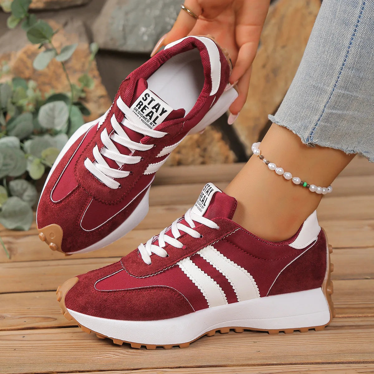 Multi Color Women Retro 3 Stripes Suede Lace Up Sneakers/Low Top Lightweight Breathable Walking Trainers Non Slip Comfortable Shoes