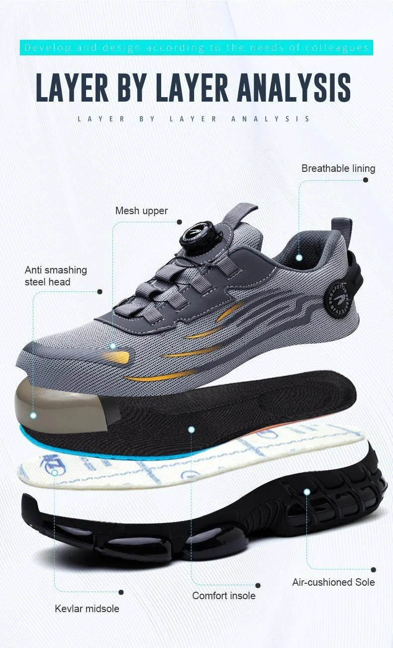 Men's Lace Up Low Top Anti Piercing & Anti Smashing Safety Shoes/with Rotating Button, Contrast Mesh Work Shoes, for Outdoor