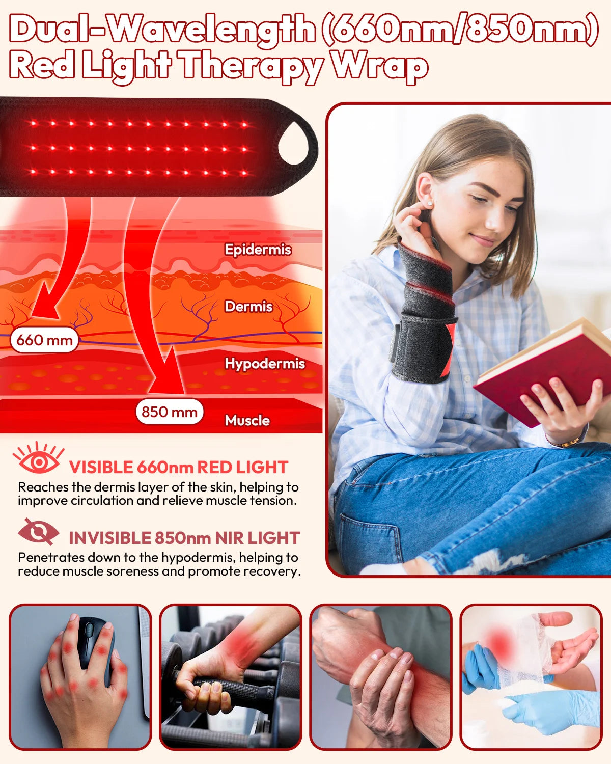 Red Light Therapy Wrap with Heat & Vibration Infrared LED Pad/for Wrist Arm Knee Pain Relief, Cordless Massager 660nm/850nm