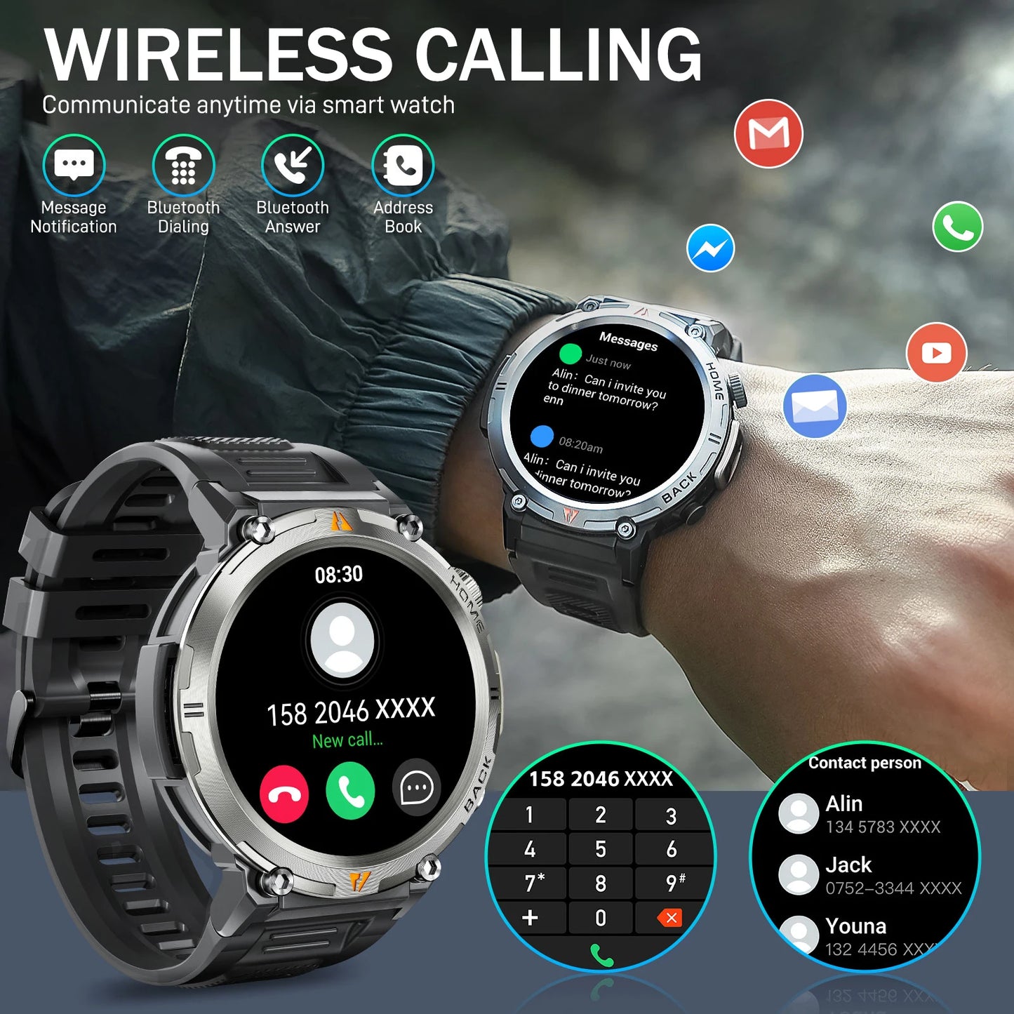 LaNikar 2025 KE3 Bluetooth Call Smart Watch Men Full Touch Screen/Health Monitor With  steel ring Men Smart Watch For IOS Android