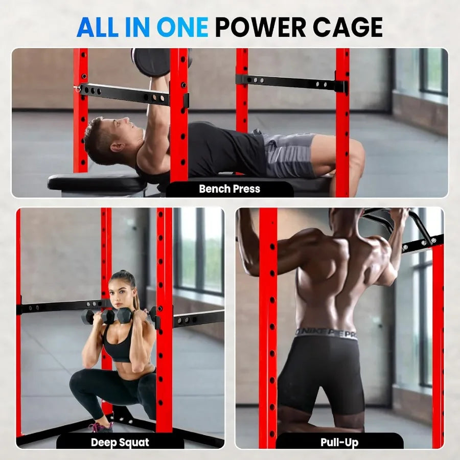 Squat Rack 1200LB Capacity, Fitness Power Cage with Adjustable Pull Up Bar/J Hooks, Multi-Functional Weight Bench for Home Gym