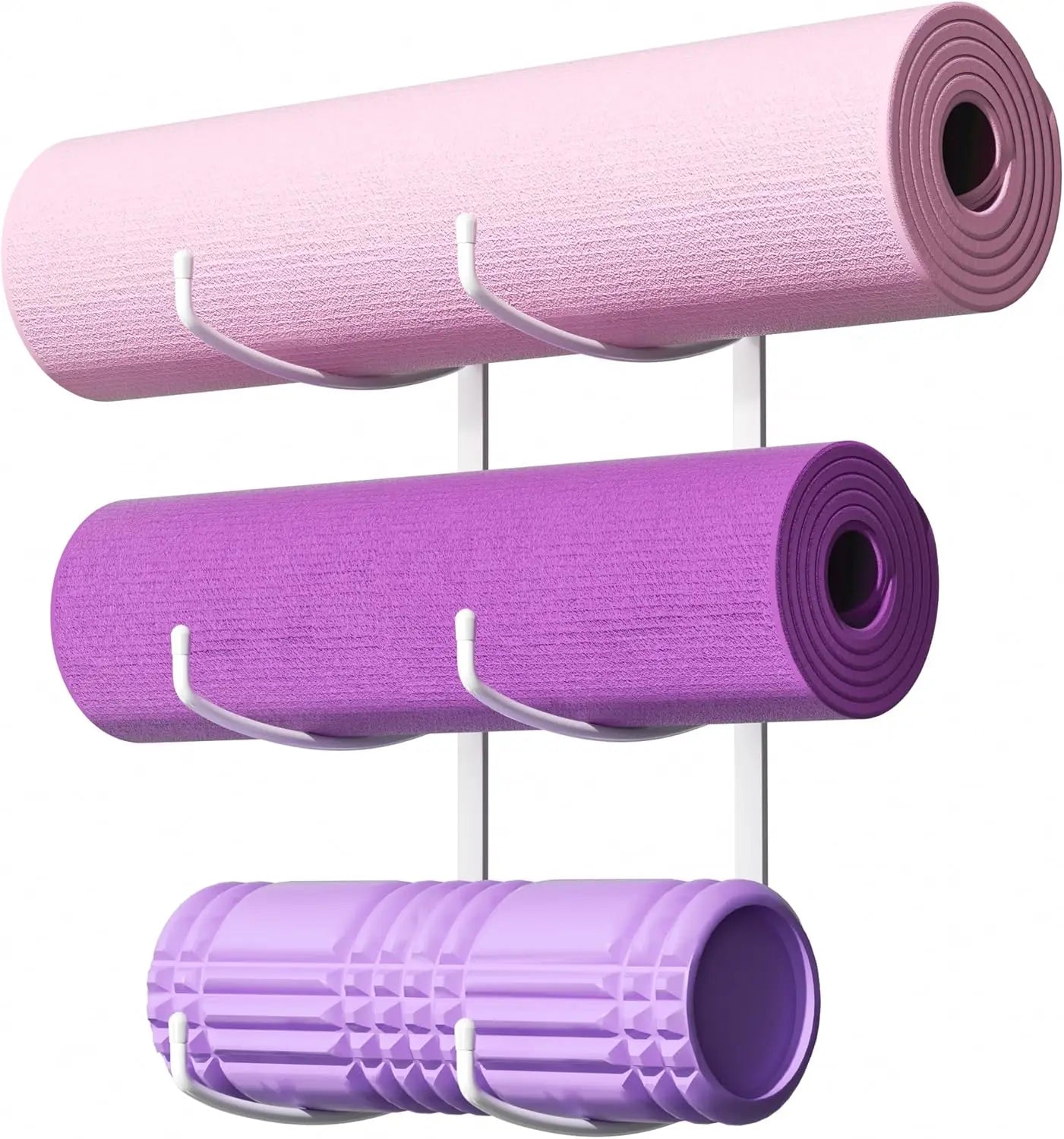 3-Tier Wall Mount Yoga Mat Holder Storage Rack/for Foam Roller and Blocks White Metal Organizer