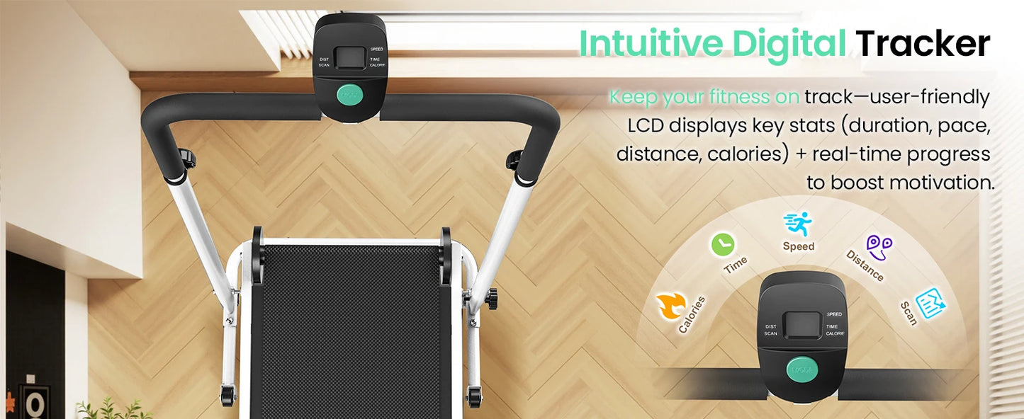 AKLUER Foldable Compact Non-Electric Treadmill/Dual Flywheel & Fixed Incline LCD Monitor, Non-Slip Belt, Soft Foam Grips for Home Gym