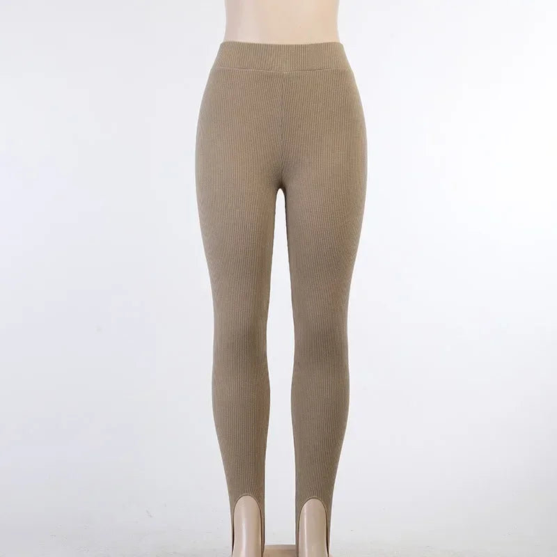 Beige Ribbed Knit Leggings Women High Waist Cotton Fitness Basic Pants/Casual Spring New All-Match Female Skinny Leggings