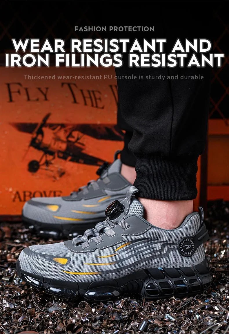 Men's Lace Up Low Top Anti Piercing & Anti Smashing Safety Shoes/with Rotating Button, Contrast Mesh Work Shoes, for Outdoor