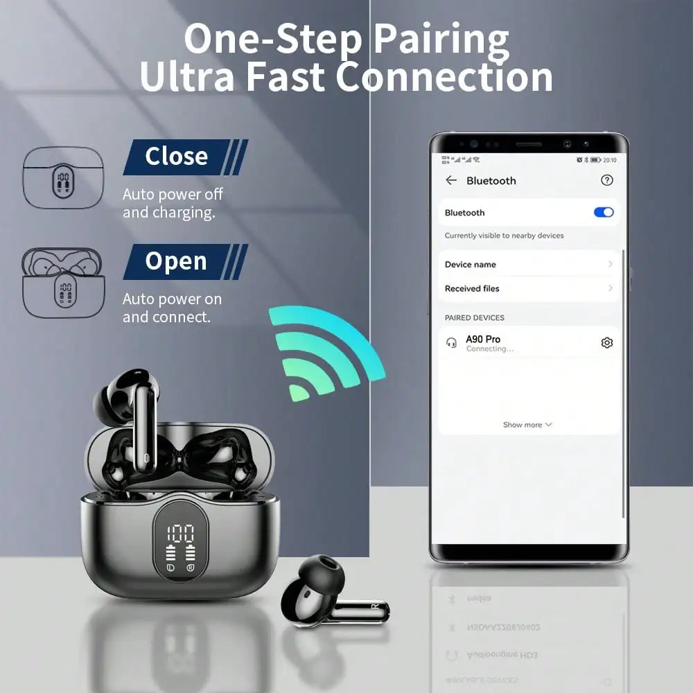 Ordtop Wireless Earbuds Bluetooth Headphones 48H Playtime Ear Buds/With LED Power Display, IPX7 Waterproof Bluetooth 5.4 Earphones
