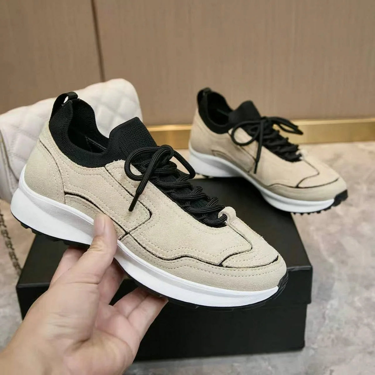 Vintage Men Mixed Material Fashion Sneakers Soft Suede & Stretch Knit Upper Lace‑Up Cushioned Non‑Slip Thick Rubber Sole Men Shoes