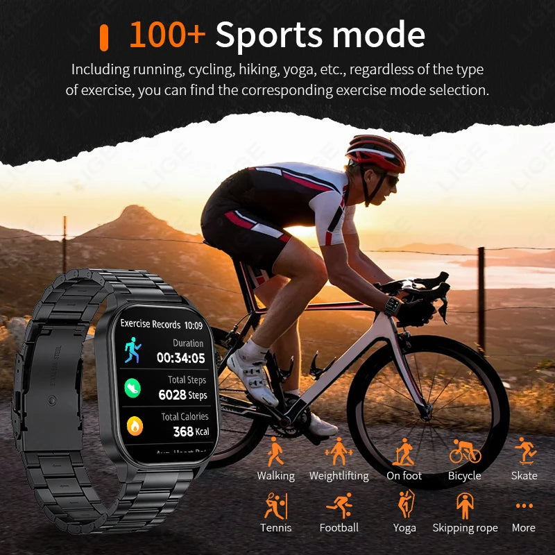 LIGE New Smart Watch LED Flashlight Military Sport Watches/2.01'' Screen Health Monitor Bluetooth Call Waterproof Smartwatch Men
