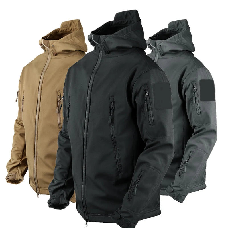 Men's Military Tactical Jackets Full Zip Shark Skin Soft Shell Tactical/Waterproof Windbreaker Outdoors Hiking Hooded Coat S-4XL