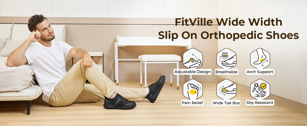 FitVille Diabetic Shoes for Men Extra Wide Hook and Loop Walking Shoes/for Elderly for Swollen Feet Foot Pain Relief Neuropathy Shoes