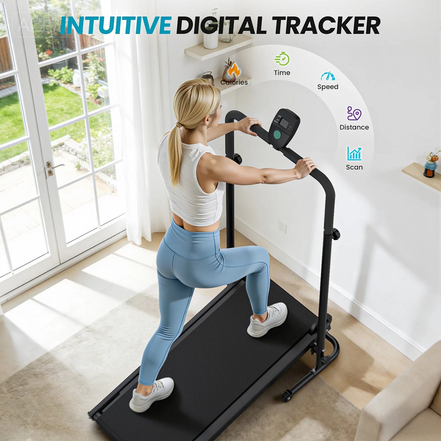 Akluer Non-Motorized Foldable Workout Treadmill/Dual Flywheel with Fixed Incline, LCD Monitor, Slip-Resistant Belt & Comfort Foam Grips