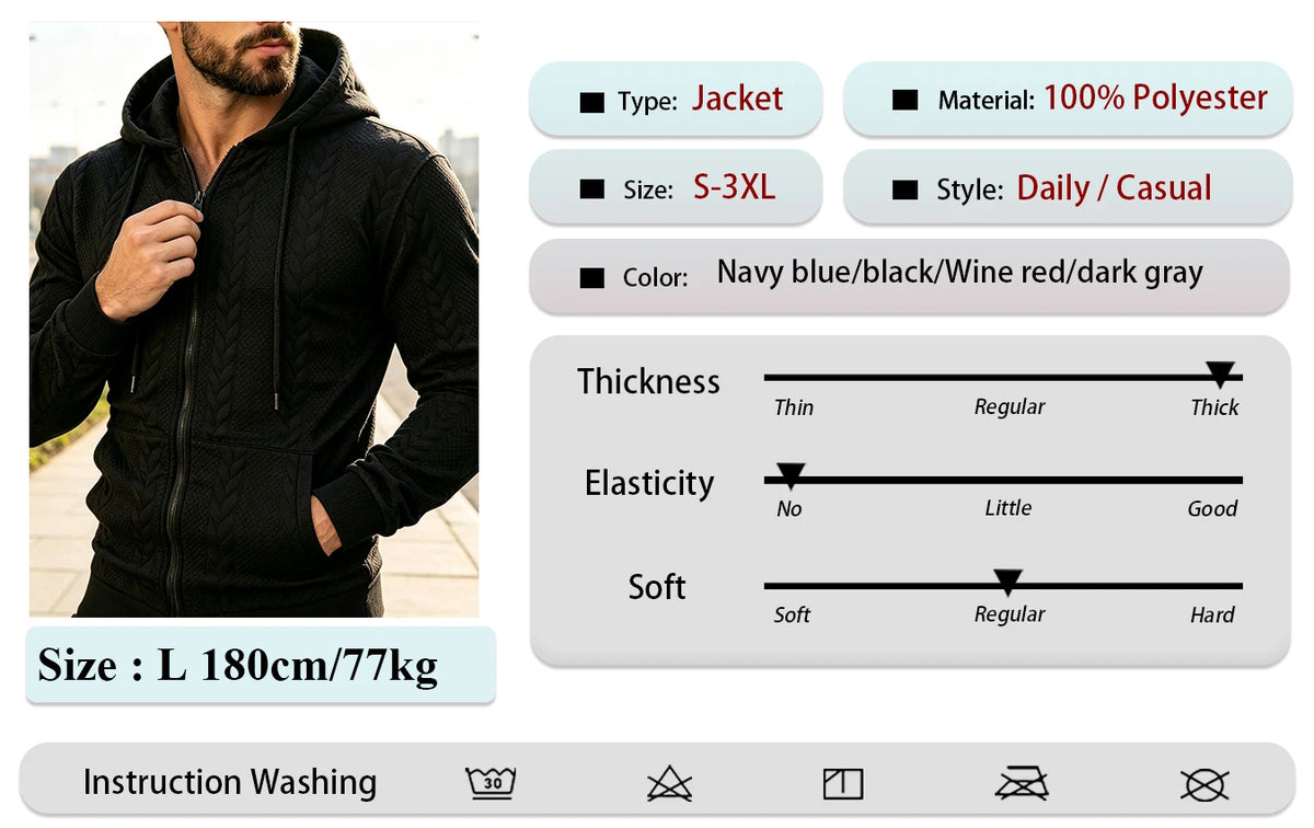 Men's Textured Zip Hooded Sweatshirt Full Zipper Jacket/Kangaroo Pocket Ribbed Cuffs Warm Casual Street Outerwear