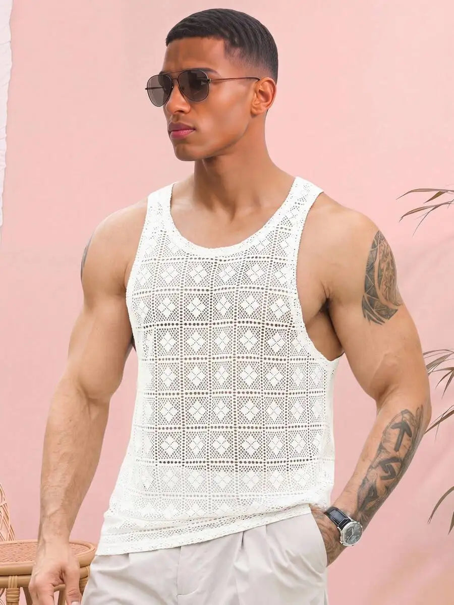 Manfinity Men's Hollow-Out Jacquard Knit Tank Top/Solid Color Round Neck Textured Casual Vest Summer Fashion Mesh