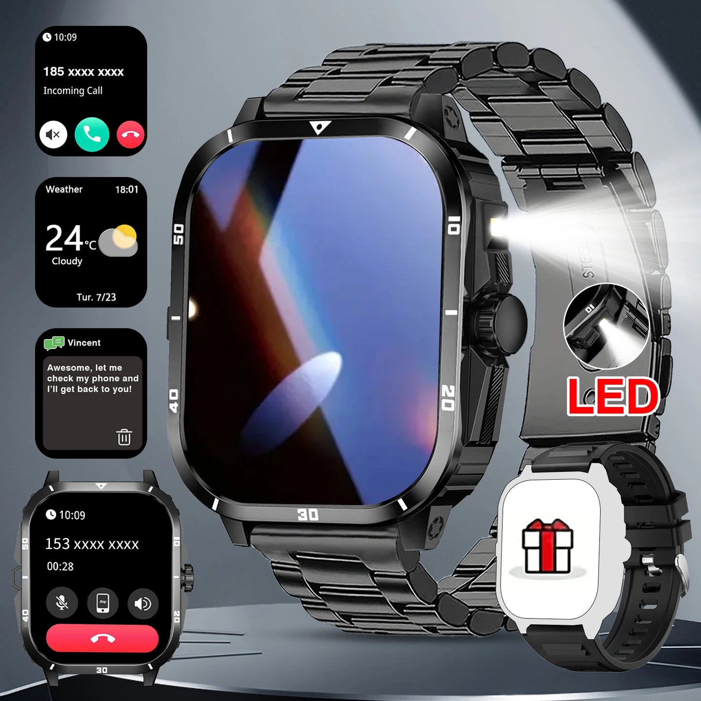 Smart watch full touchscreen sports watch Bluetooth calling/with flashlight unisex compatible with Android and iPhone