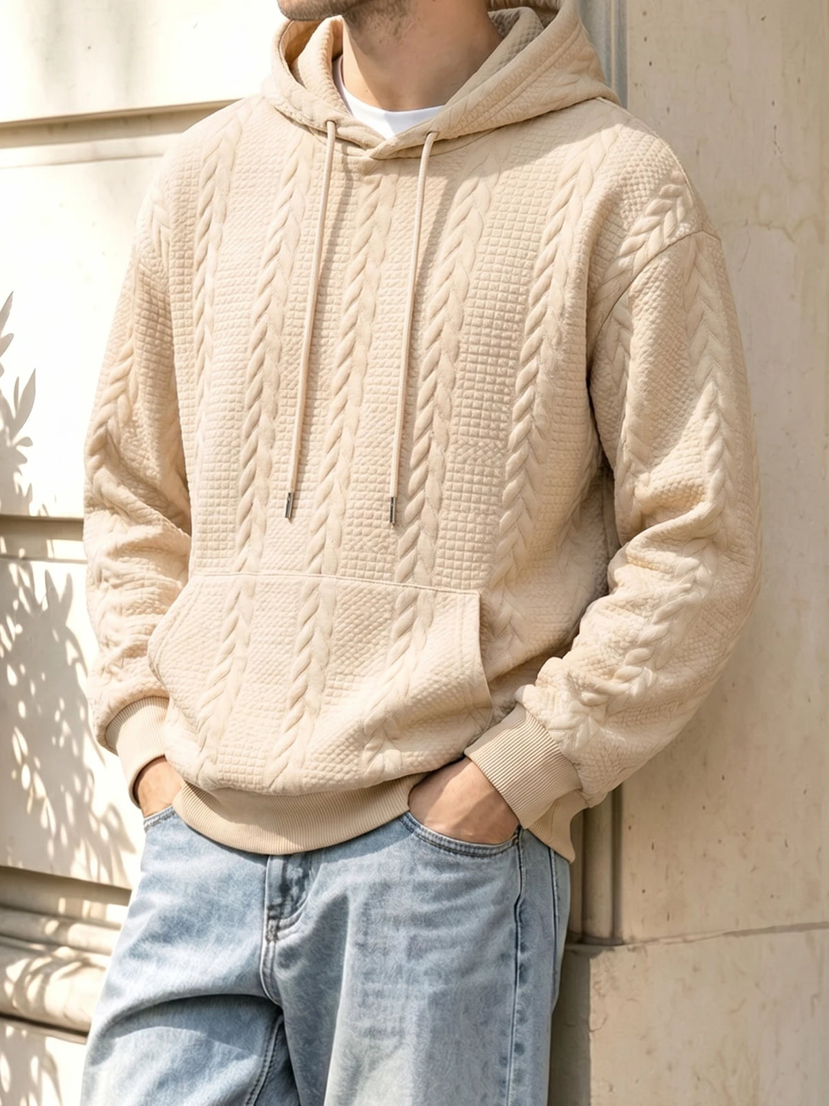 Men's Winter Warm Fleece Hoodie Cable Knit Textured Pullover/Hooded Sweatshirt Kangaroo Pocket for Gym Street Cold Weather Jacket