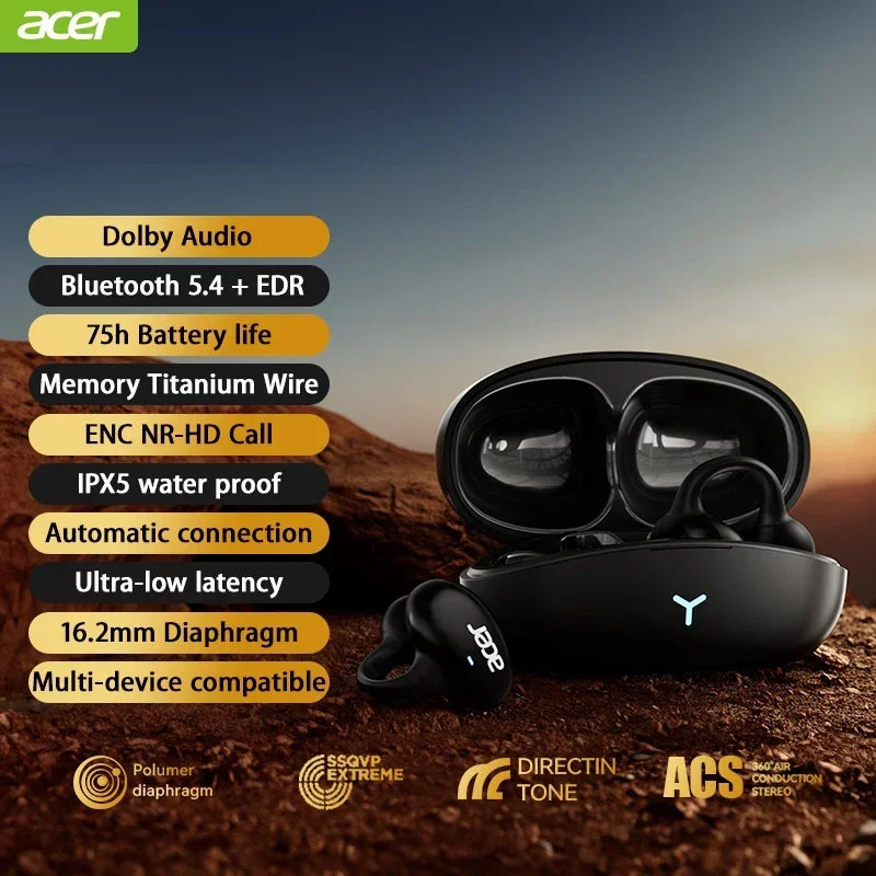 Acer OHR206 Clip-on OWS Bluetooth Ear phones IP5 Waterproof/Dolby Sound Quality AAC/SBC Wireless Sports Bluetooth 5.4 Headphones