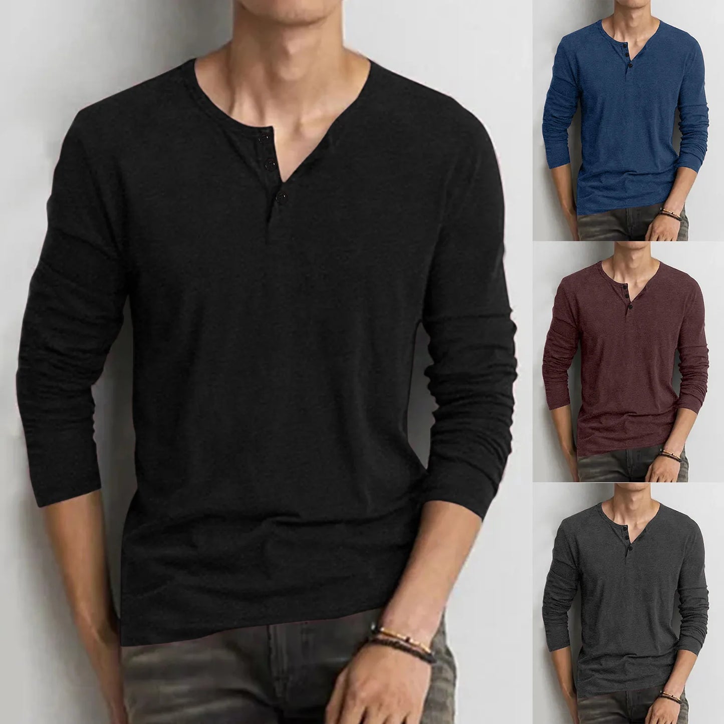 Fashion Men's T-Shirt Solid Color Spring Summer/Casual Long Sleeve Botton Down T Shirts