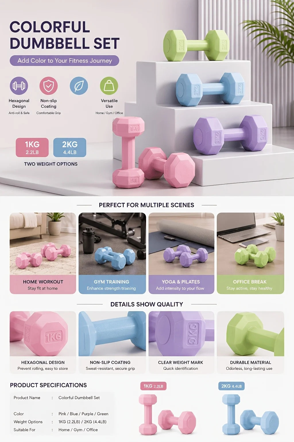 Women's Multifunctional Dumbbell Set Perfect for Home and Gym Workouts/Arm Training and Yoga Durable PP Material Mixed Colors
