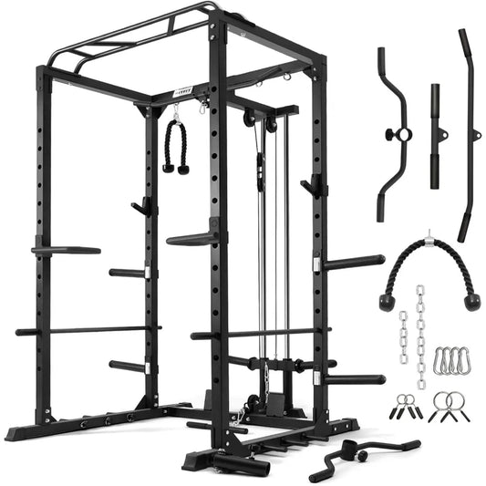 All-in-One Squat Rack, Multi-Function 1000 LBS Capacity Power Cage/with LAT Pulldown, Pulley System, Dip Bar, Fitness Equipment