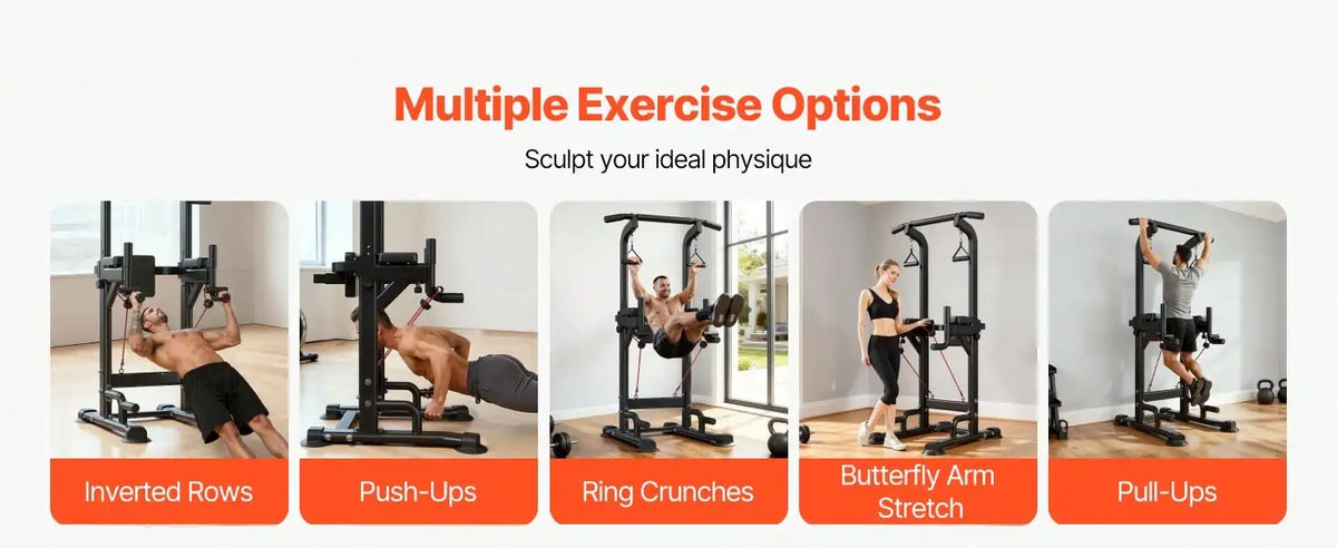 Pull Up Bar, 330 LBS Power Tower Dip Station, Workout Dip Station/With H-Shaped Stable Base & Back Pad, Adjustable 12 Level Height