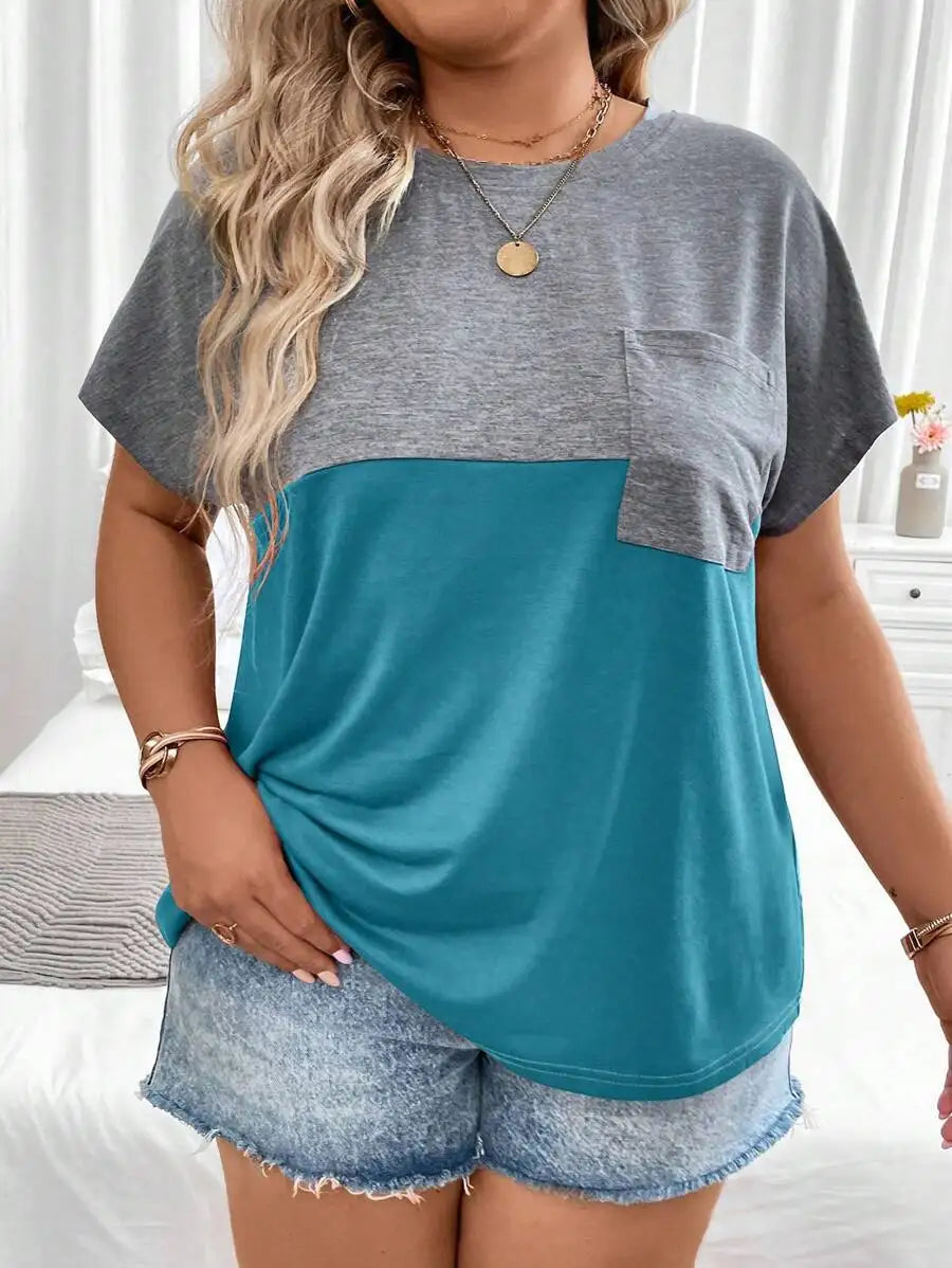 Color Block Pocket T-Shirt/with Batwing Sleeves for Women