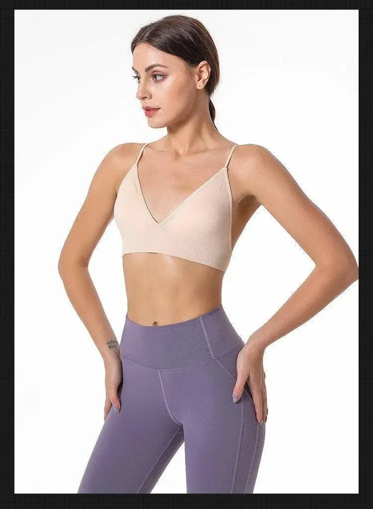 Women V Neck Seamless Triangle Cup Bra Camisole Breathable Gather Up/Chest Wrapped Underwear for Sports Fitness Yoga Casual