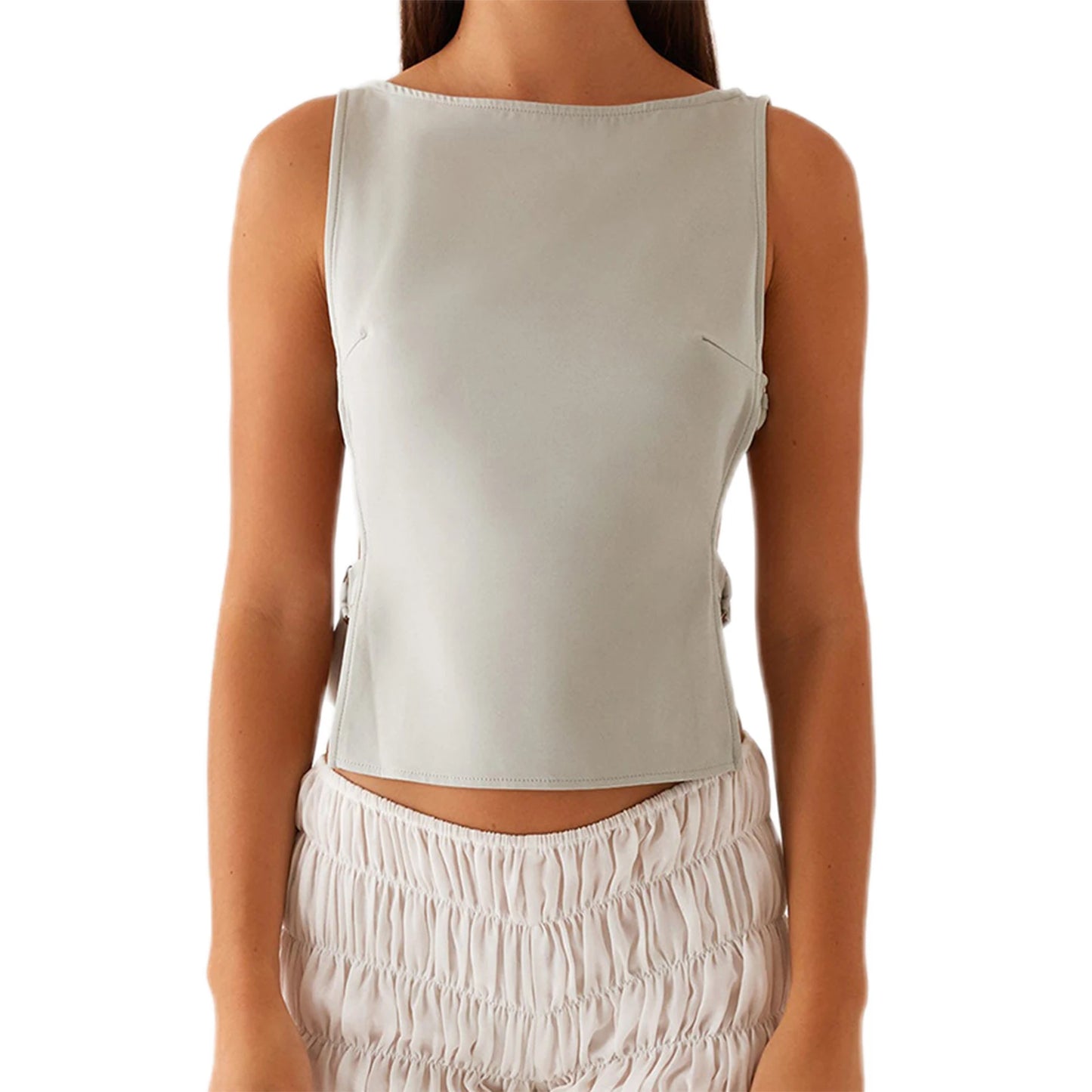 Women s Sleeveless Boat Neck Tank Tops/with Side Buckle Detail Solid Color Fit Vest for Summer Style