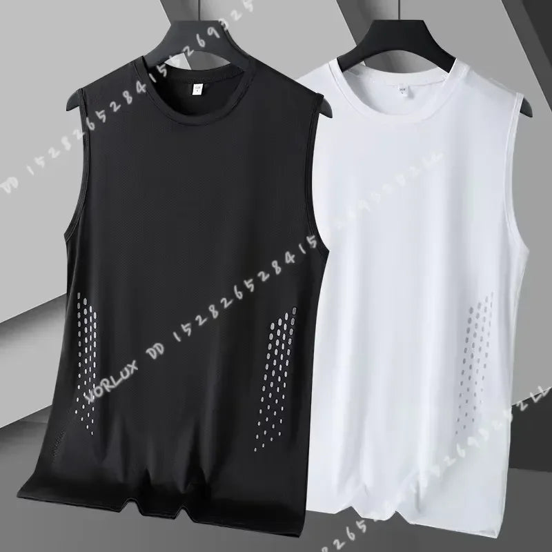 Men Summer Mesh Sleeveless Vest Ice Silk Printed Round Neck/Loose Running Fitness Tank Top Breathable Athletic