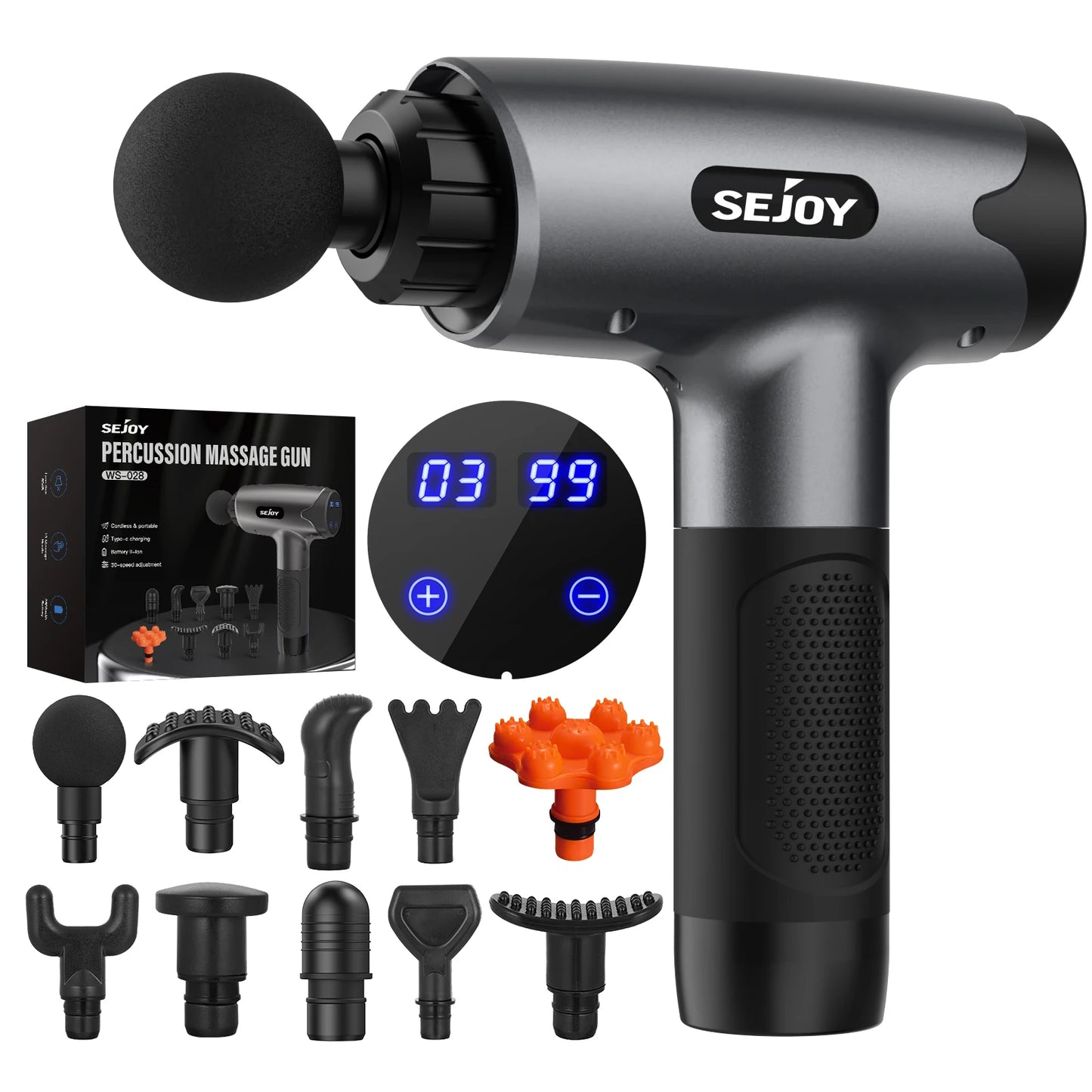 Sejoy WS-028 Fascia Gun Tissue Massager 30 Speeds Lightweight Body Massage/with LED Touch Screen 10 Replaceable Massage Heads