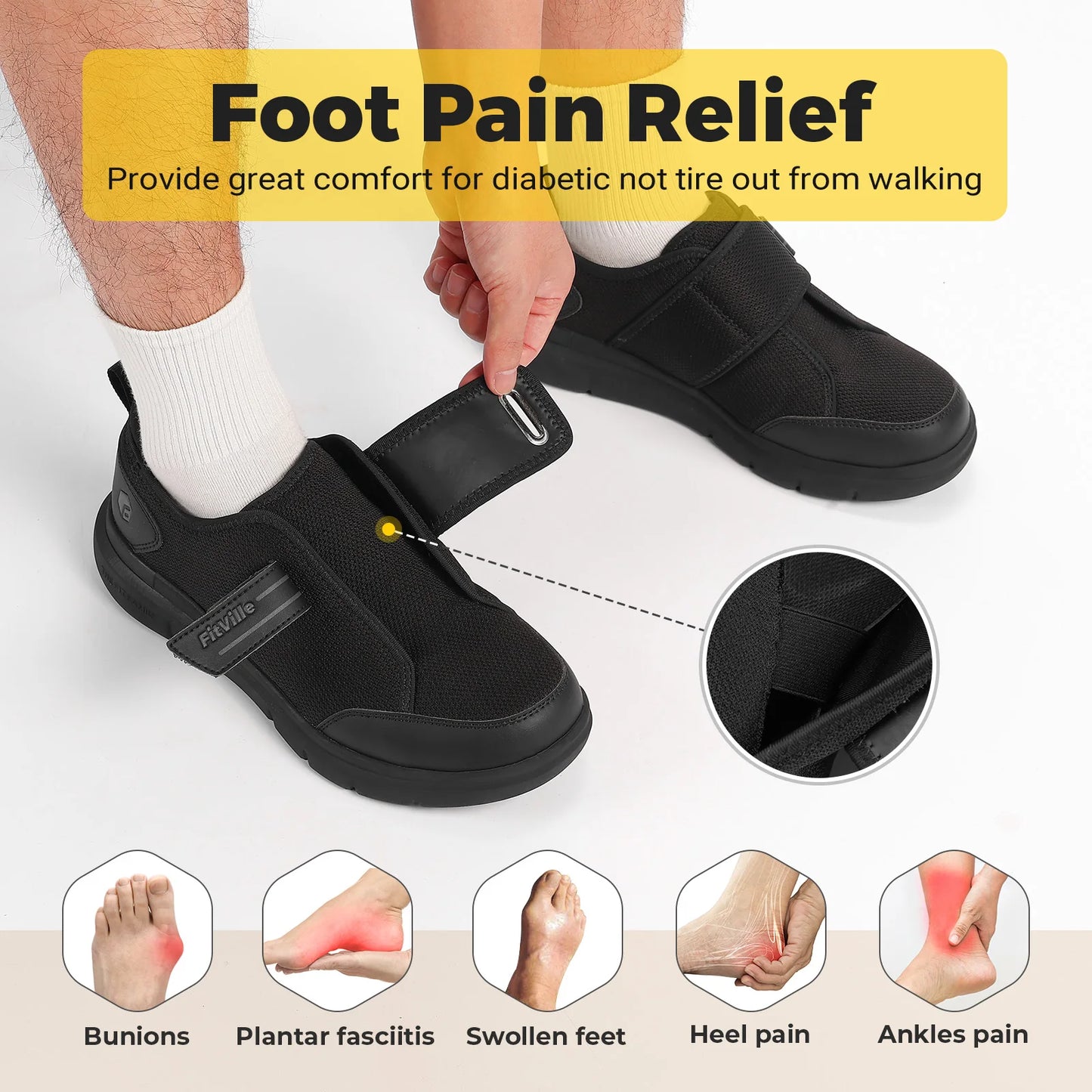 FitVille Diabetic Shoes for Men Extra Wide Hook and Loop Walking Shoes/for Elderly for Swollen Feet Foot Pain Relief Neuropathy Shoes