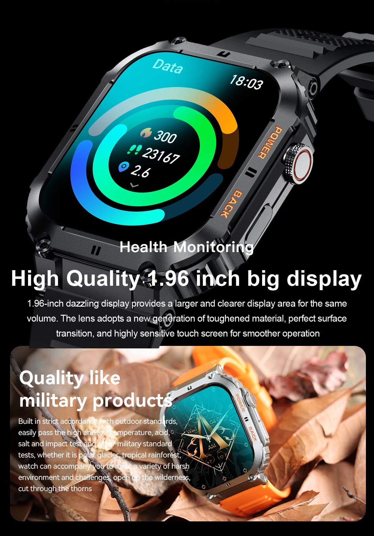 LIGE Outdoor Sports Fitness Smartwatch For Men 1.96 Inch Screen/Bluetooth Calling Waterproof Keeps Track of Blood Oxygen