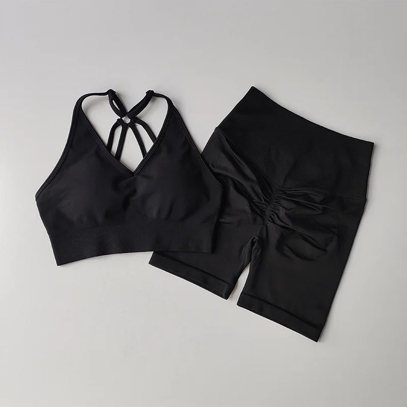 2 Pcs Yoga Sets Women High Waist Workout Outfits Gym Wear/Gym Clothing Sports Suits Fitness Tracksuit Sportswear Shorts Suit