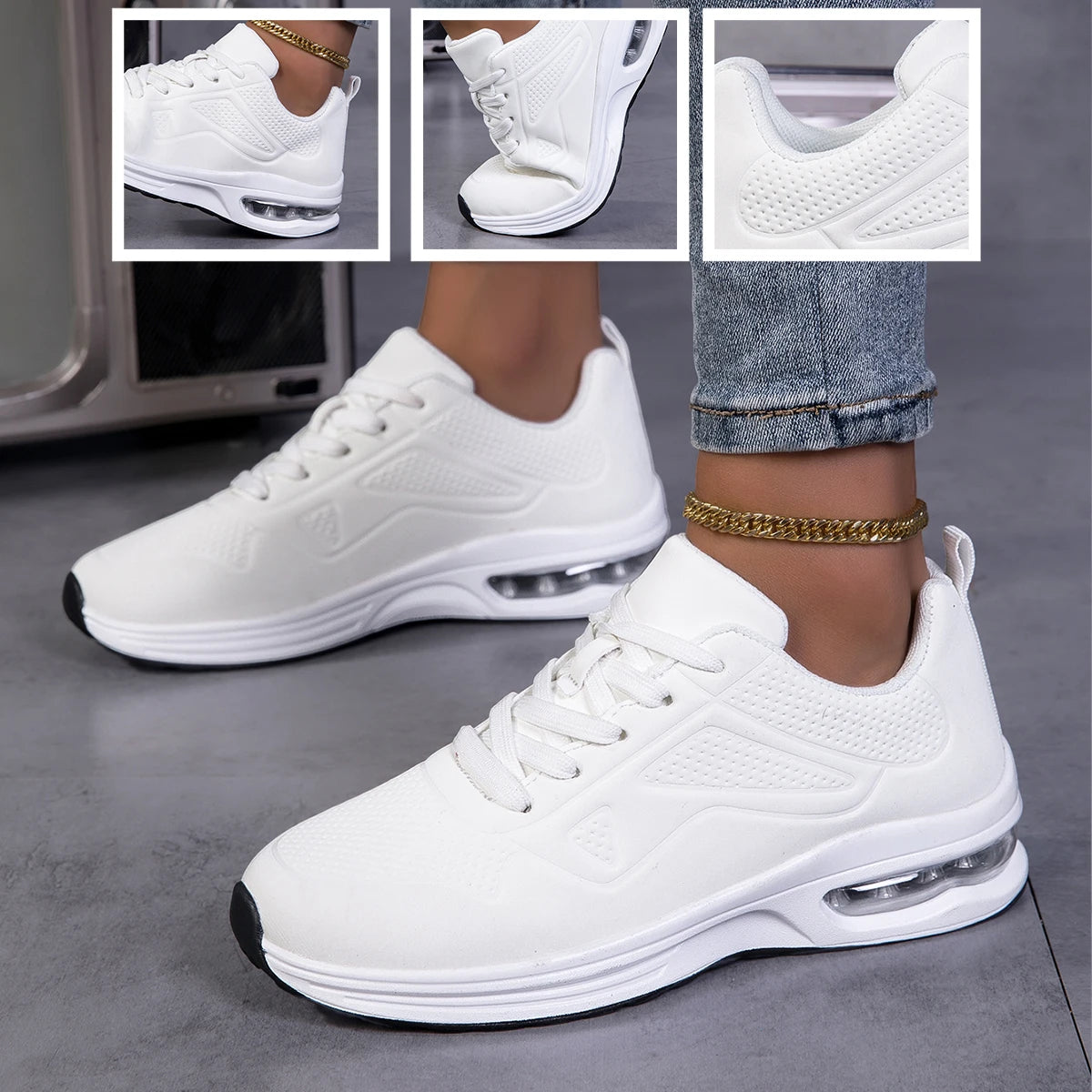 Women Solid Color Air Cushion Walking Sneakers Breathable/Soft Upper Shock Absorb Non Slip Lace Up Lightweight Sports Shoes Gym