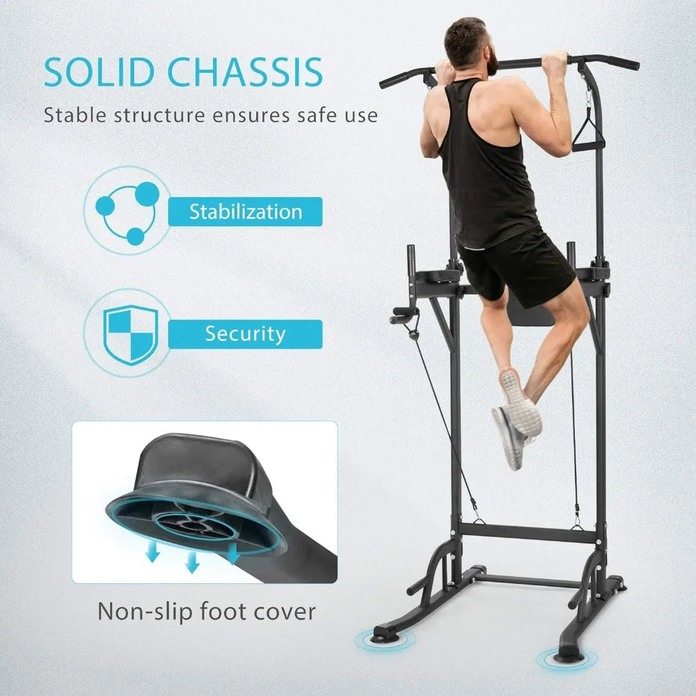 Height Adjustable Multi-Function Power Tower with Backrest Workout/Dip Station Pull Up Bar Stand Fitness Strength