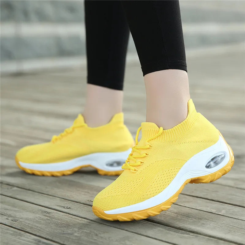Women Casual Sports Shoes Mesh Breathable Thick Sole/Air Cushion Sneakers Anti-slip Lace-up Walking Shoes For Daily Outdoor Fitness