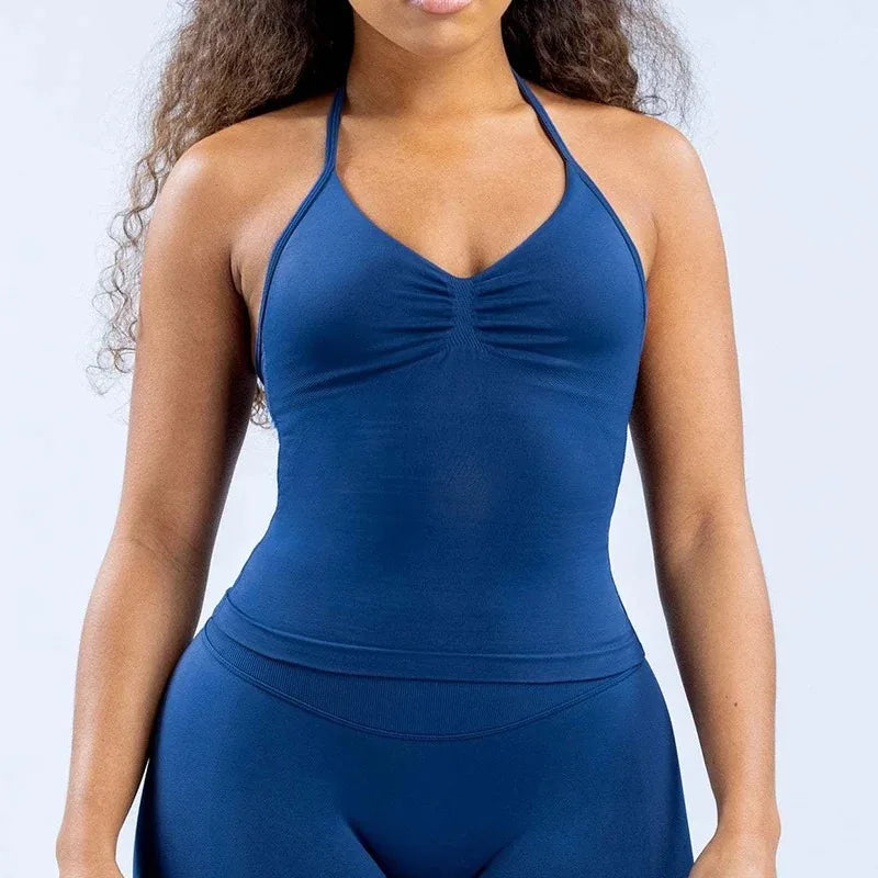 Gym Beautiful Open Back Bra Running Workout Halter Impact/Longline Strappy Top Sports Yoga Vest Women's Fitness Tank Top