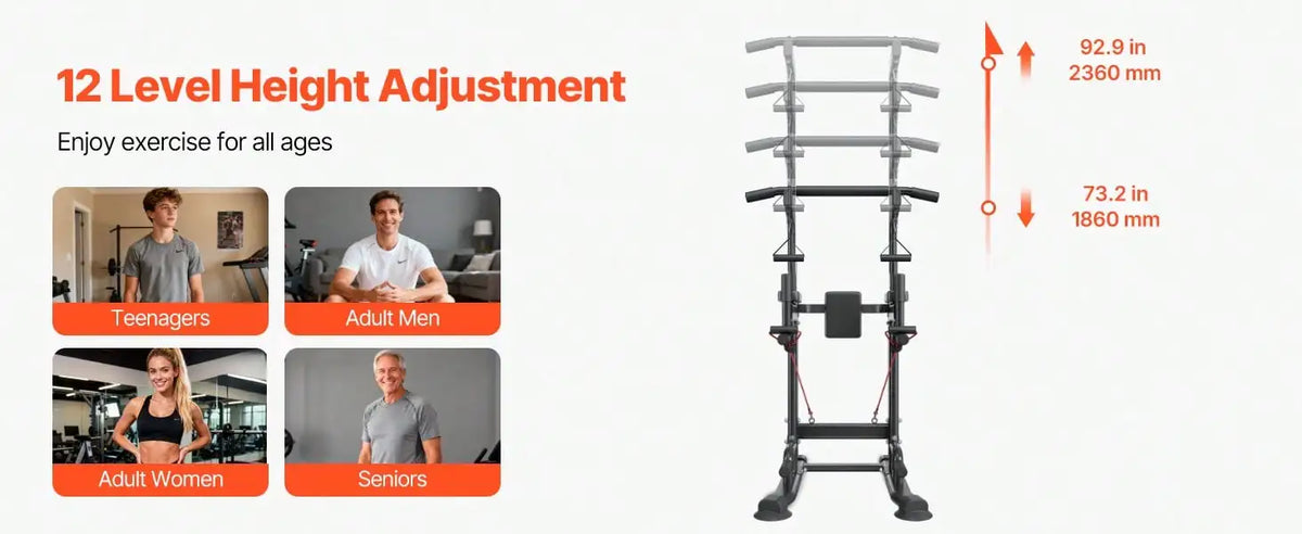 Pull Up Bar, 330 LBS Power Tower Dip Station, Workout Dip Station/With H-Shaped Stable Base & Back Pad, Adjustable 12 Level Height