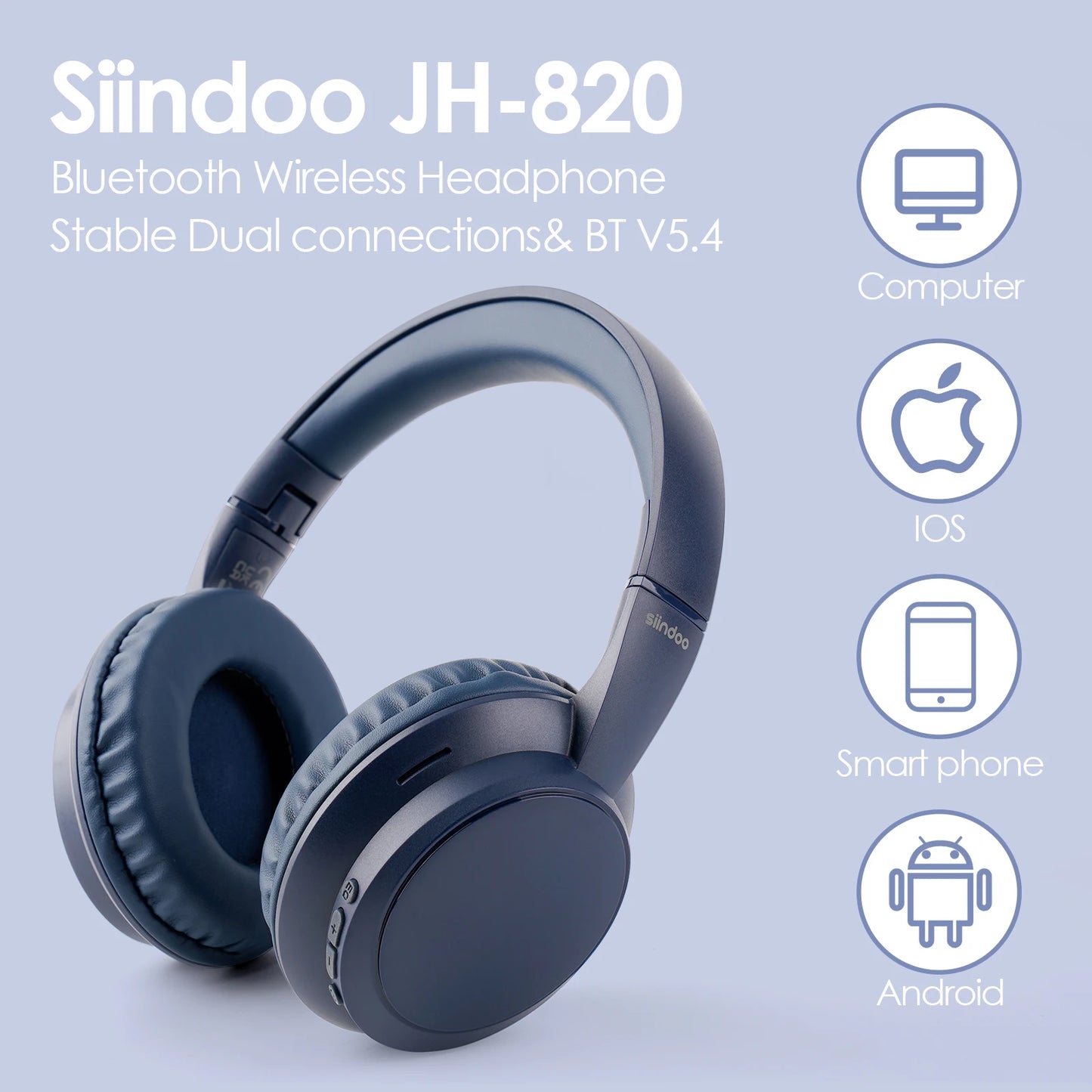 Siindoo JH-820 Wireless Bluetooth Headphones 60H Playtime 3 EQ Sound Modes/Newest Foldable Lightweight headset for Travel Study