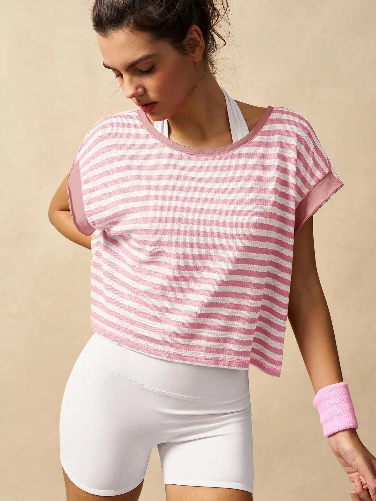 Women Striped Open Back Workout/Top Gym Crop Top Summer Active Wear Shirts