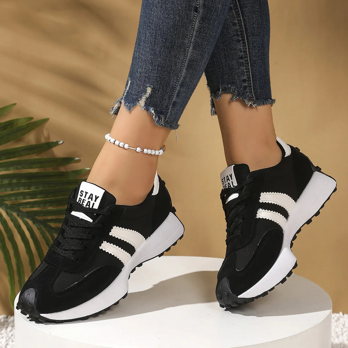 Multi Color Women Retro 3 Stripes Suede Lace Up Sneakers/Low Top Lightweight Breathable Walking Trainers Non Slip Comfortable Shoes