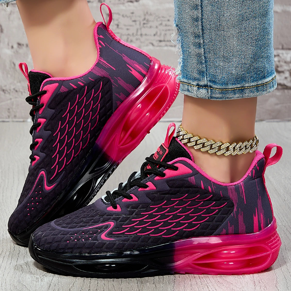Women Gradient Scale Pattern Air Cushion Sneakers Breathable/Flying Weave Mesh Shock Absorb Non Slip Lace Up Running Shoes