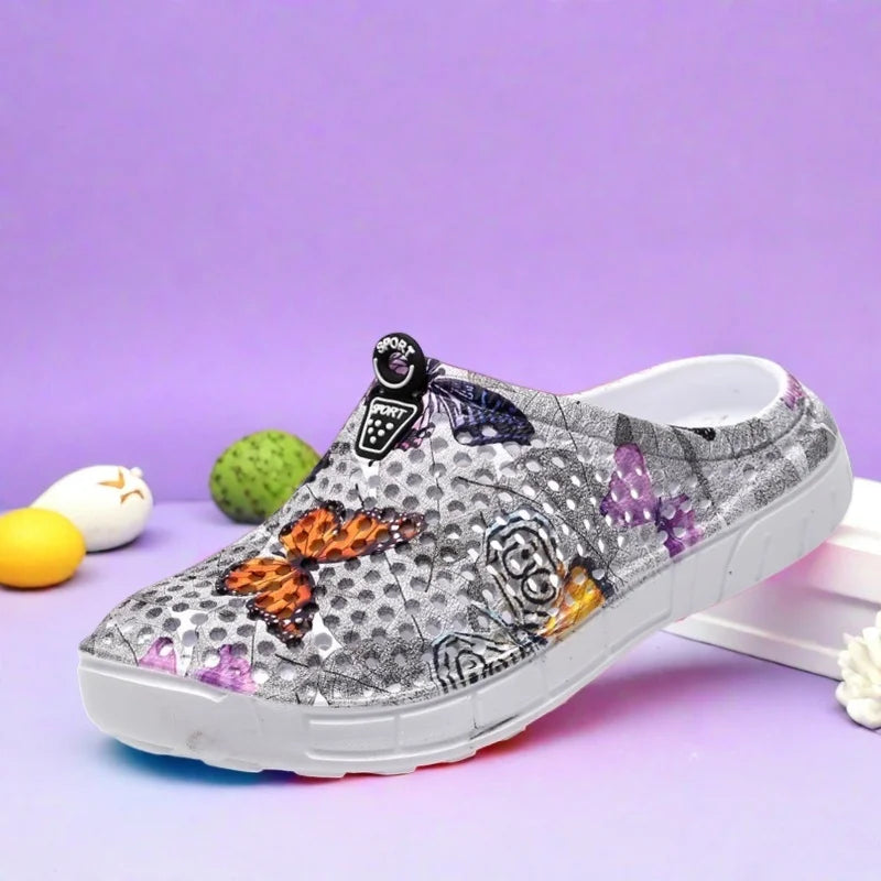 Women's Lightweight Slip-On Clog Shoes Butterfly Print Flat Bottom/Indoor Outdoor Beach Casual Sandals Comfortable Home Slippers