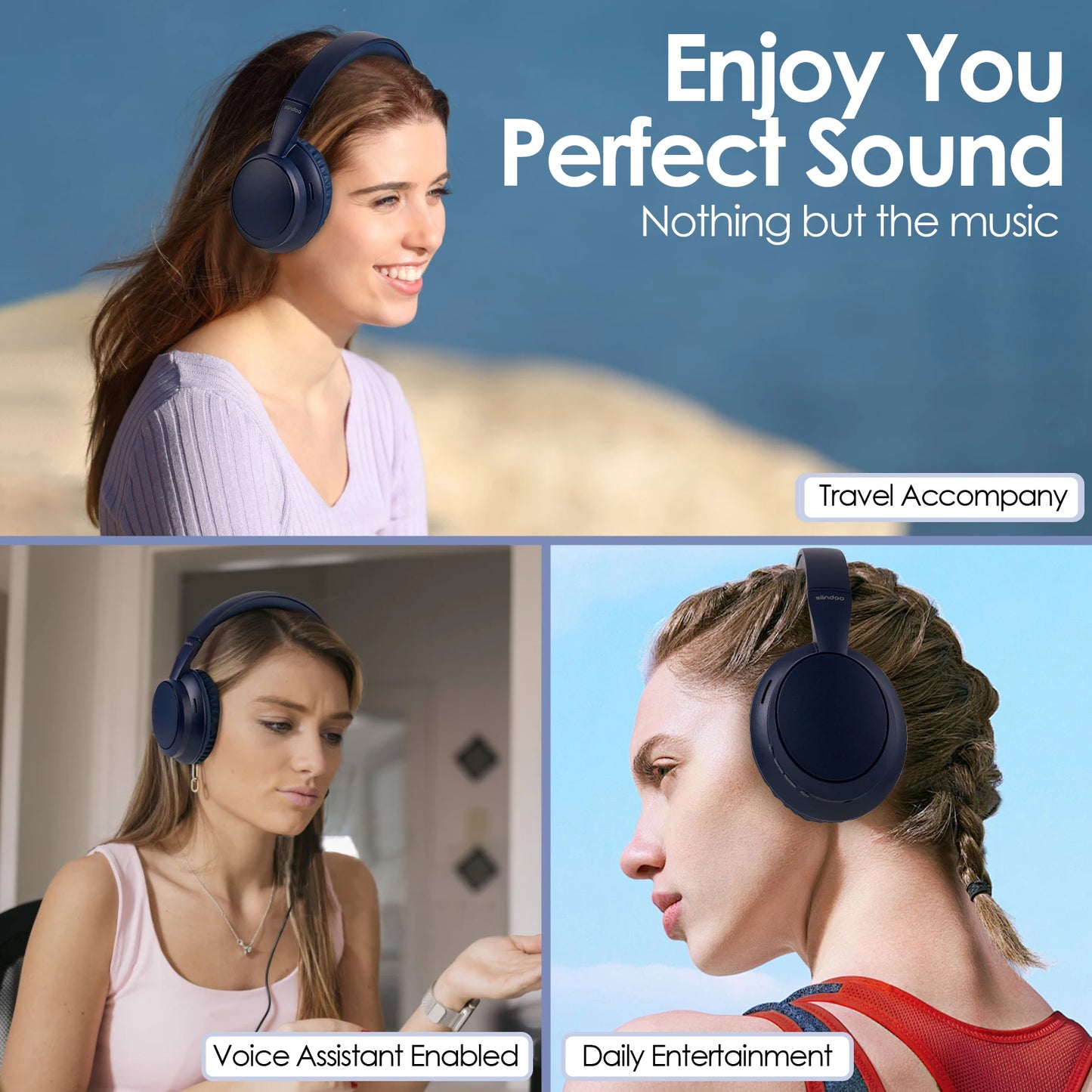 Siindoo JH-820 Wireless Bluetooth Headphones 60H Playtime 3 EQ Sound Modes/Newest Foldable Lightweight headset for Travel Study