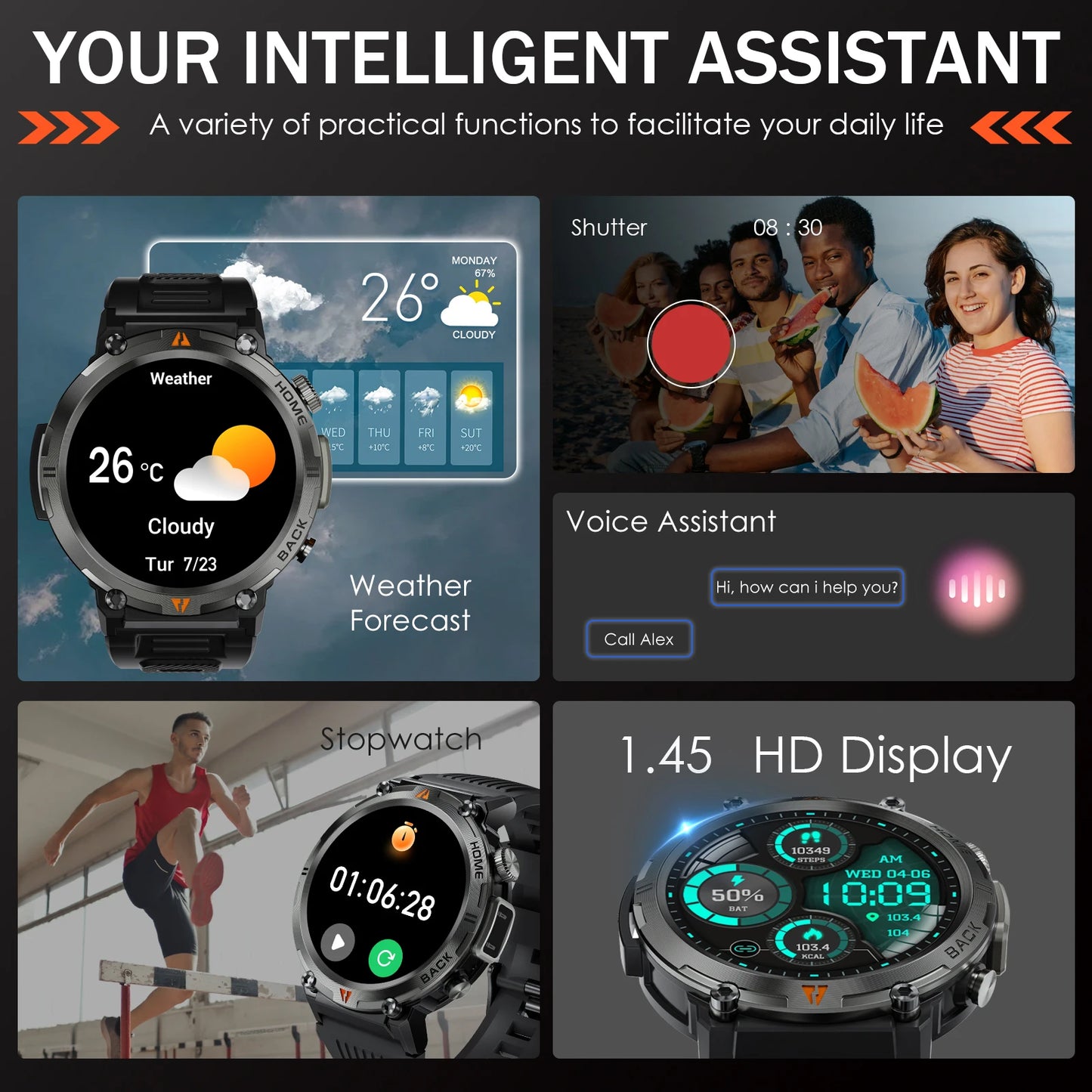 EIGIIS New KE3 Bluetooth Call Smart Watch Full Touch Screen/Health Monitor Clock With Flashlight  For IOS Android